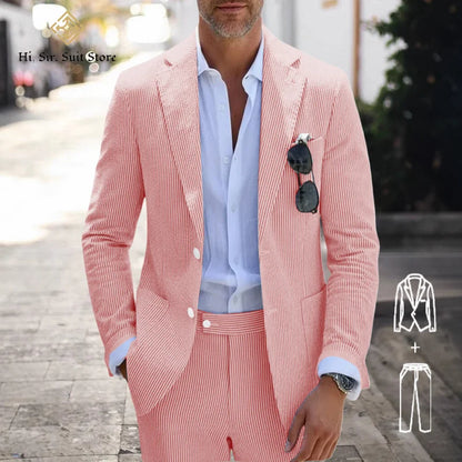 Men's Slim Fit Seersucker 2-Piece Suit Set – Blue Striped Smart Casual & Wedding