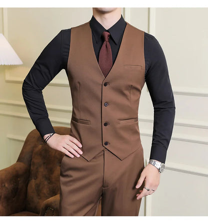 2025 Men's Wedding Suit Vest Trousers Set Fashionable Handsome Solid Color Groom's Three-Piece Outfit Available in Sizes M-7XL