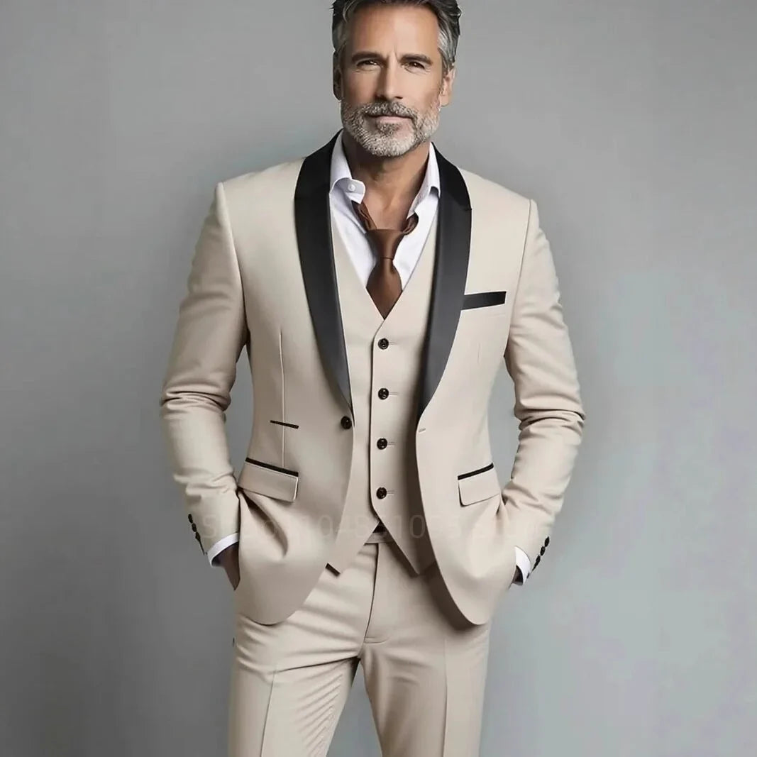 Classic Style 3 Piece Slim Fit Green Men Suit Groom Tuxedos Shawl Lapel Single Breasted Blazer Vest Pants Set Party Men Clothing