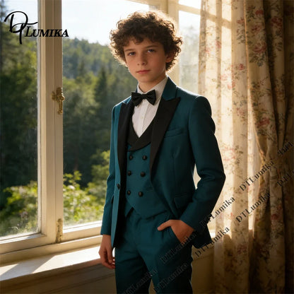 Boys 3-Piece Formal Suit Teal Single Button Kids Wedding Suit