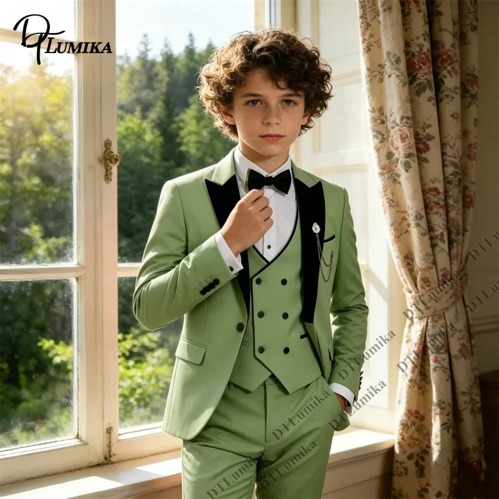 Boys 3-Piece Suit Set with Velvet Lapel — Kids Formal Blazer, Vest & Pants for Weddings & Special Occasions