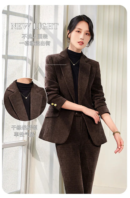 2024 Autumn New Corduroy Elegant Pant Suit Ladies Formal Business Work Wear 2 Piece Set Green Wine Jacket Blazer And Trouser