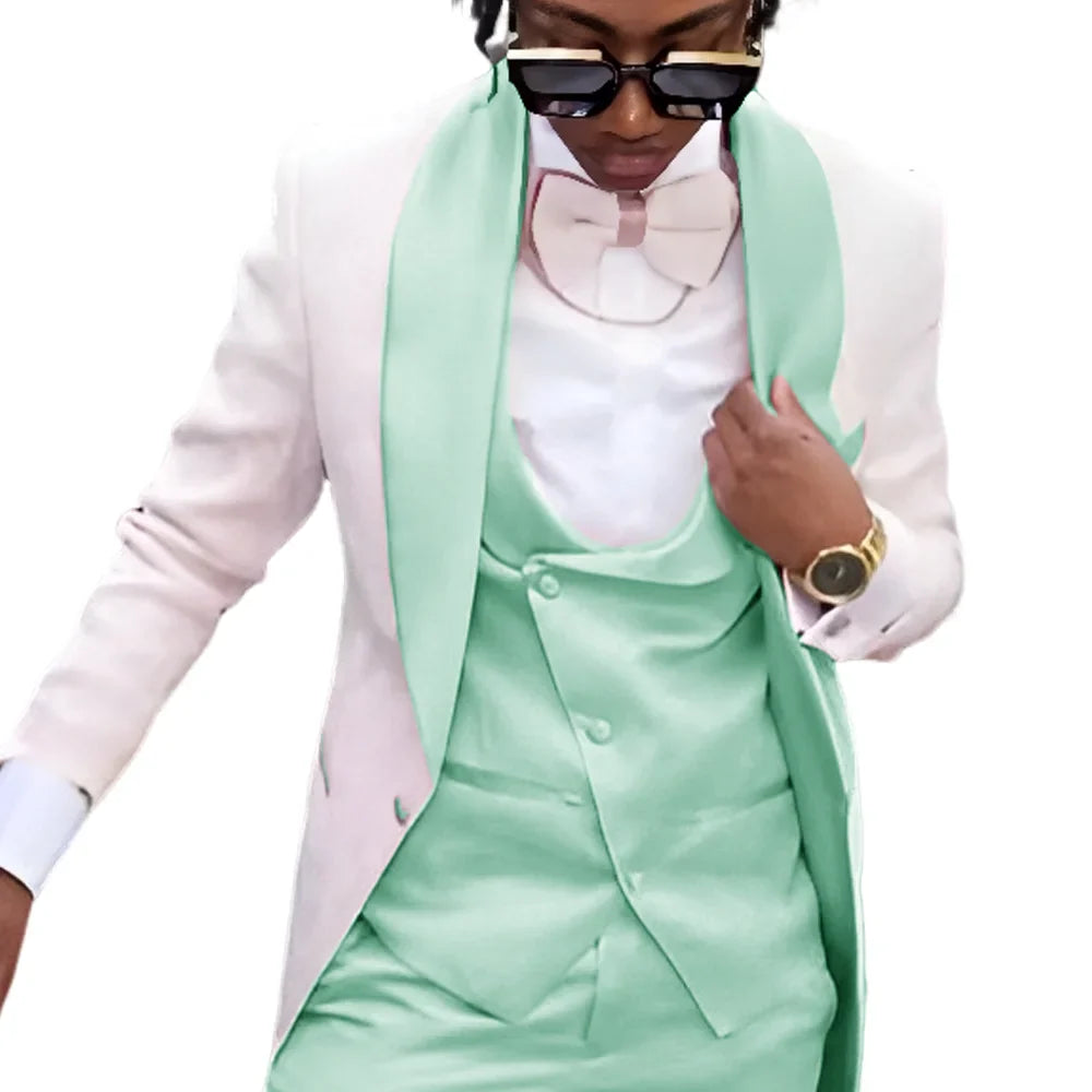 Fashion Men's Suit 3 piece Suit White Jacket Khaki Vest Pants Wedding Tuxedo Groom Tailored Suit Blazer for Men Slim Fit Outfit