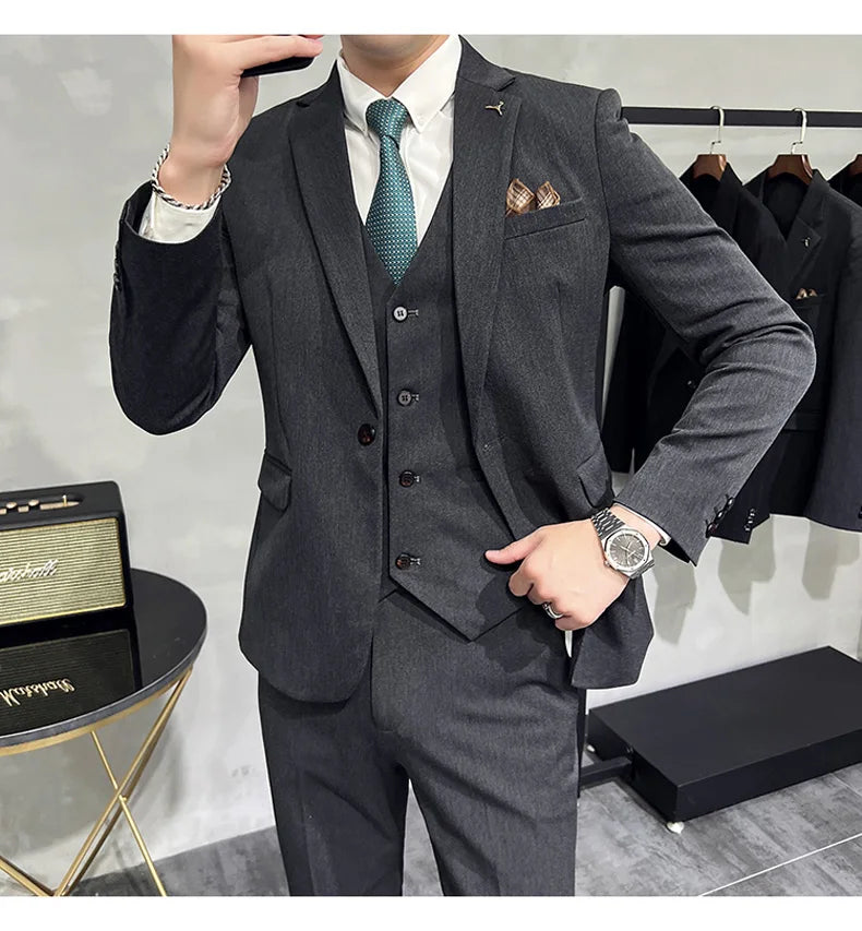 2025 Men's Wedding Suit Vest Trousers Set Fashionable Handsome Solid Color Groom's Three-Piece Outfit Available in Sizes M-7XL