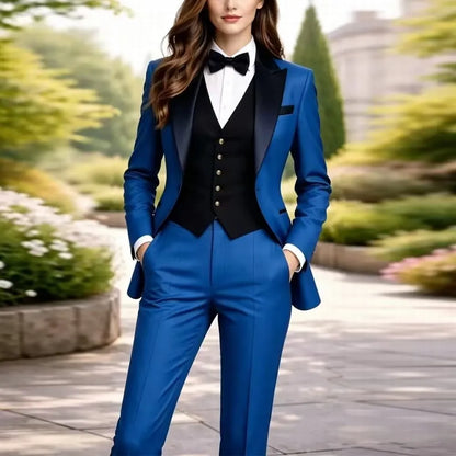Blue And Black Formal Business Women Suit Wedding Party Prom Ladies Mother Girl Tuxedos Costume 3 Piece Set Blazer Vest Pant