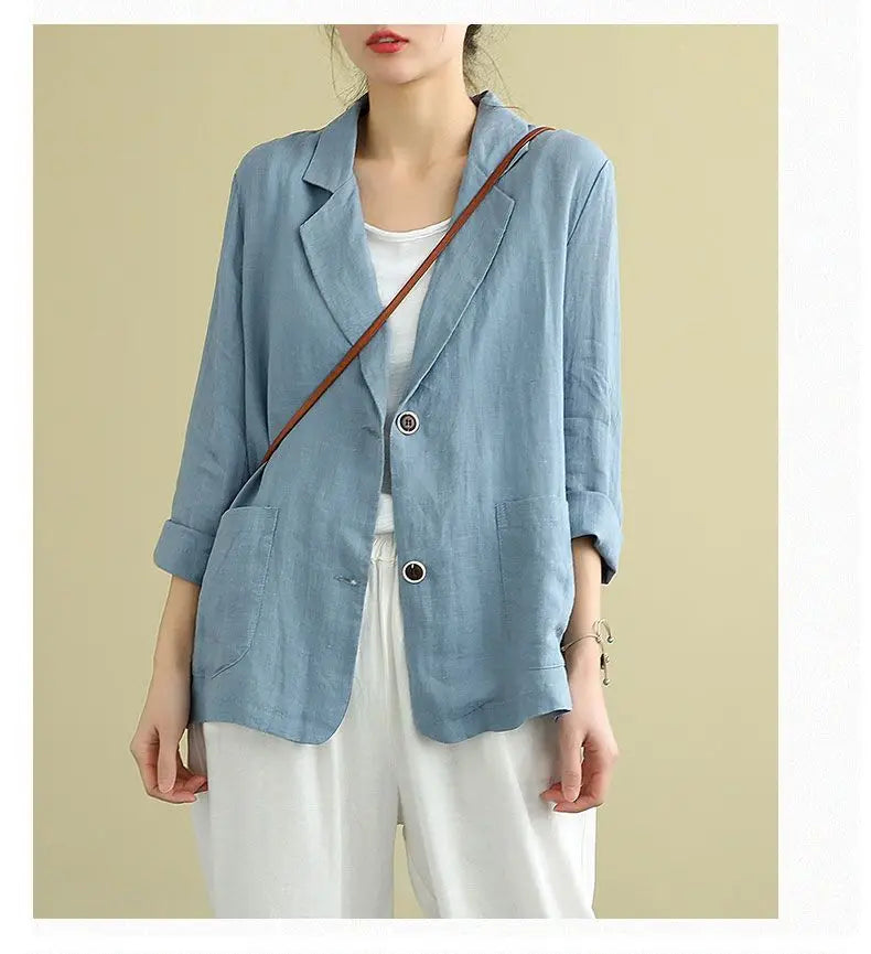 Casual Cotton and Linen Suit Jacket Women 2025 Spring and Summer New Loose solid Long-sleeved Blazer Woman Sunscreen Clothing