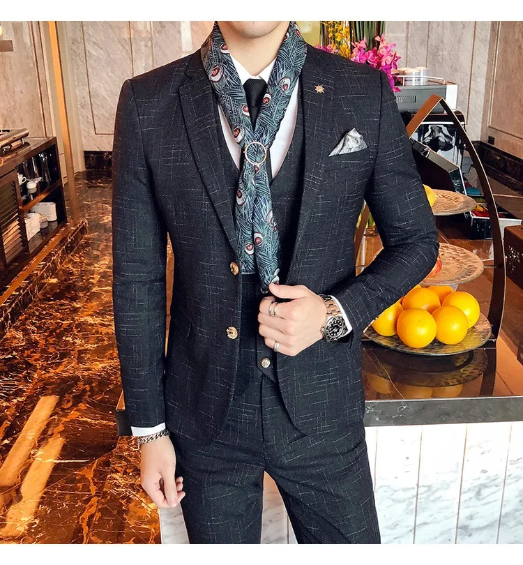 Men's 3-Piece Striped Formal Suit – Blazer, Vest & Trousers | Italian Style Business Gentleman