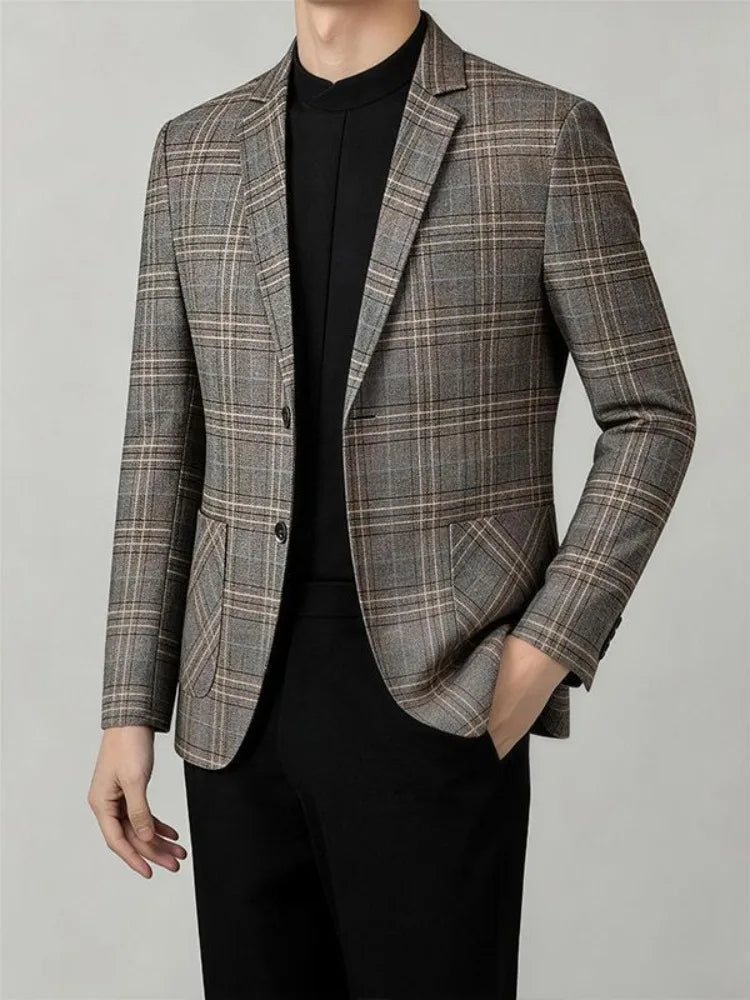 2026 Spring Autumn New Men's Business Casual Plaid Blazer Wrinkle-Free Suit Jacket Youth Single Suit Outerwear Spring Wear