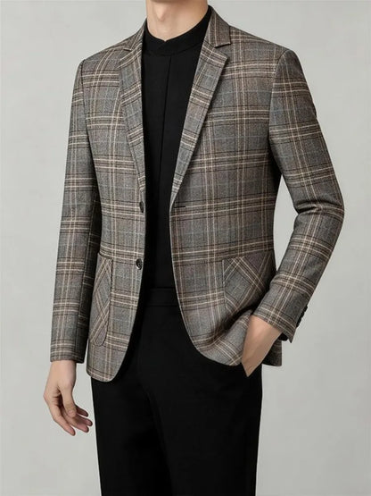 2026 Spring Autumn New Men's Business Casual Plaid Blazer Wrinkle-Free Suit Jacket Youth Single Suit Outerwear Spring Wear