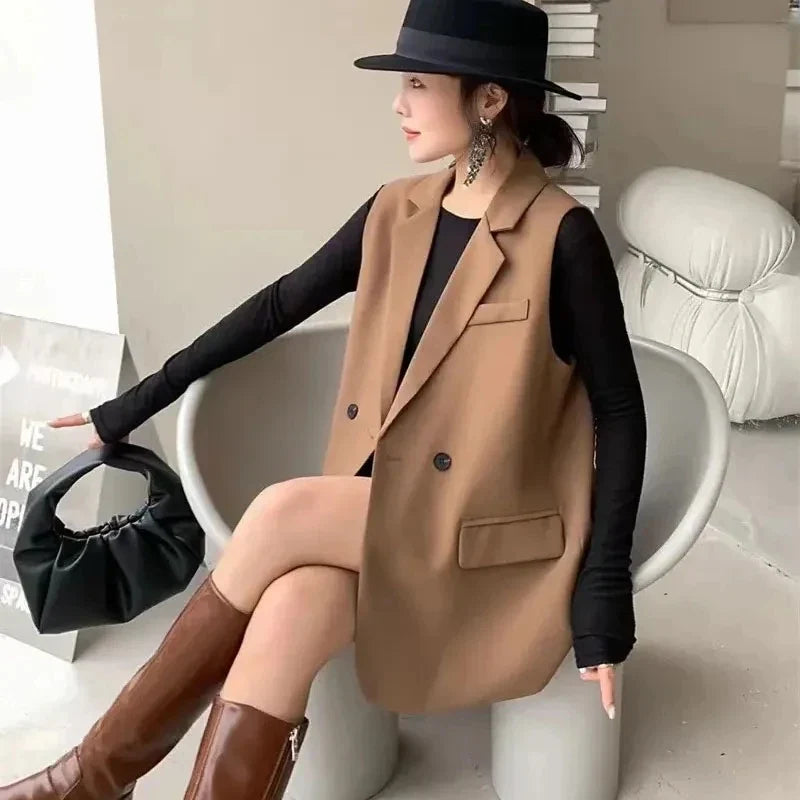 Vintage Sleeveless Suit Vest Fashion Casual Lapel Suit Waistcoat 2025 Summer Women Office Double Breasted Split Back Outwear