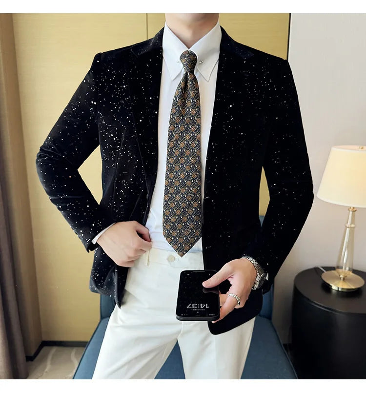 2025 Autumn New Velvet Jacket Men's Blazer Business Fashion Hot Stamping Printed Suit Jacket High-quality Luxury Dress Suit