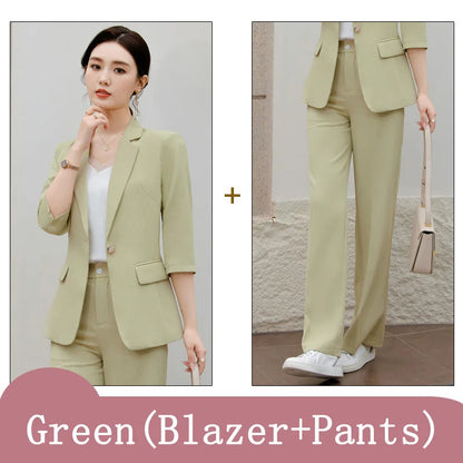 Office Pant Suits for Women Three Quarter Streetwear Casual Two Piece Set 2024 New Spring Summer Single Button Solid Pant Suits