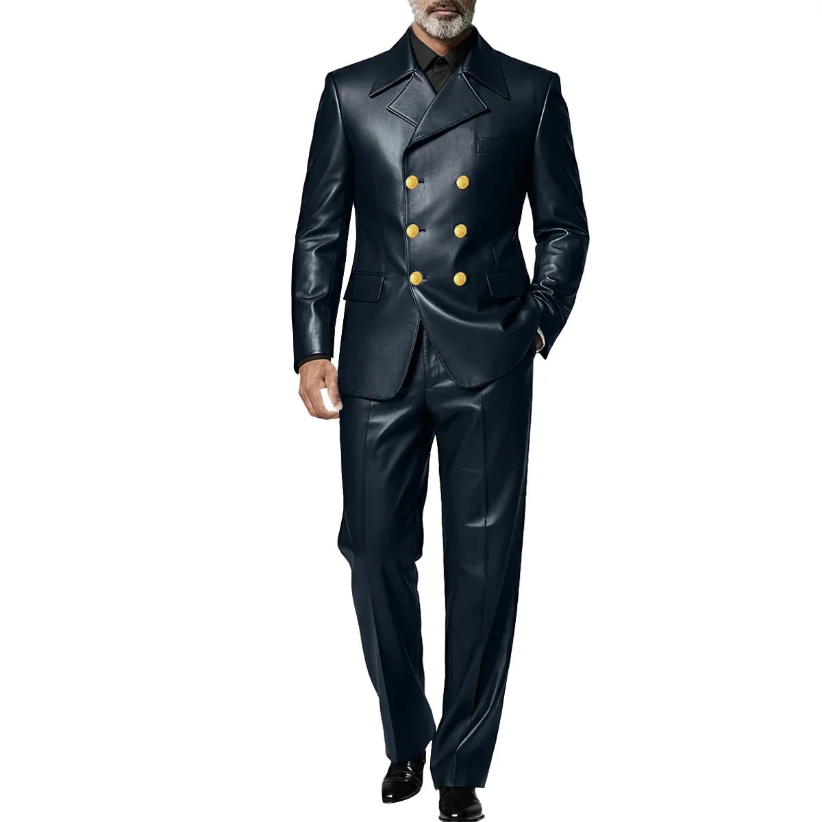 Men's Leather 2 Piece Suit Retro Double Breasted Peak Lapel Slim Fit Blazer Straight Leg Pants Formal Set Business Casual Weddin