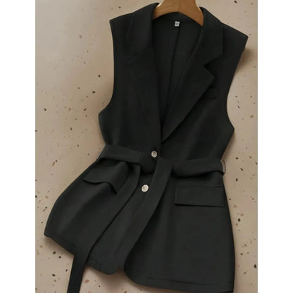 Fashion Sleeveless Slim Suit Collar Women Vest Spring Autumn New Single Breasted Elegant Lace Up Female Versatile Vest Tops 2025