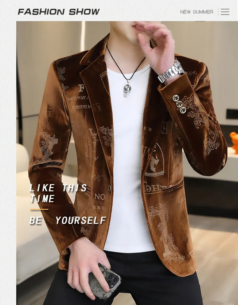 Brand Clothing Luxury Velvet Suit Jacket Men Fashion Bronzing Printed Blazer Masculino Slim Fit Casual Business Social Blazers