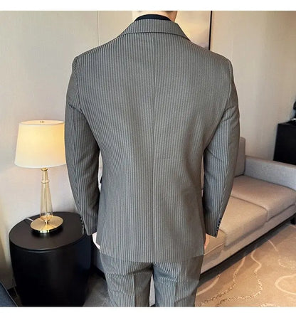 Korean Slim Fitt Wedding Suit Fashion Striped Double Breasted Suit 3 Piece Set Business Formal Casual Party Prom Host Suits