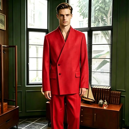 Men's 2-Piece Suit No Lapel Cross V-Neck Loose Blazer & Trousers – Wedding & Formal Occasions