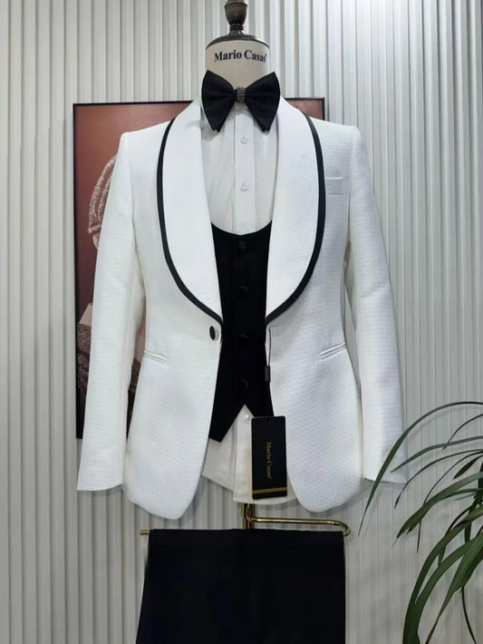 High Quality Men's Slim Fit Tuxedo 3 Pieces Interview Outfit Chic Jacquard Shawl Lapel Suit Set For Business Banquet S-3XL