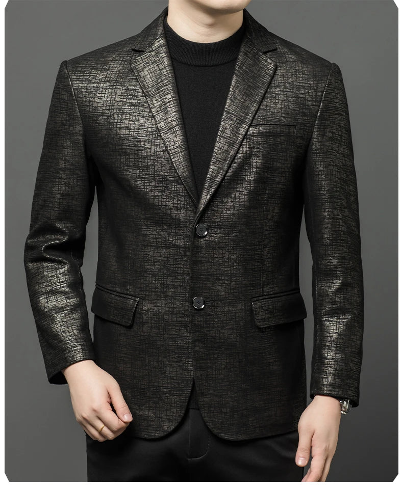 2024 High-end Men's Fashion Handsome Spring and Autumn Leather Printed Men's Suit Business Casual Coat  Men Leather Jacket  Suit