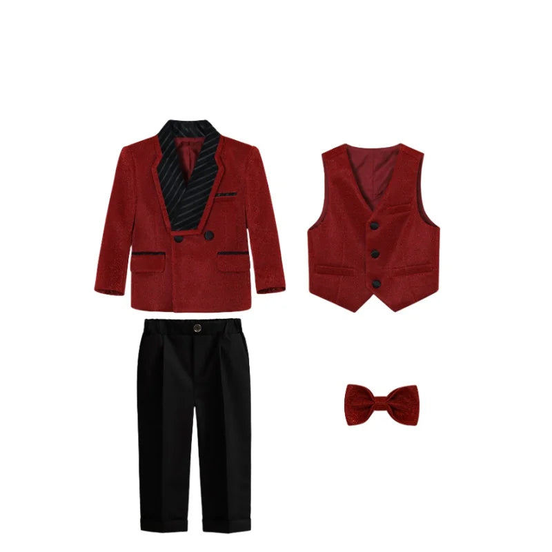 Boys Elegant Silver Suit Set Kids Piano Host Speech Catwalk Performance Costume Children's Wedding Birthday Photogrpahy Outfit