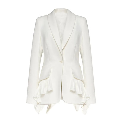 Women Blazer Elegant Turn-down Collar Single Button Patchwork Pleated Hem Slim Fit High-end Chic Coat Spring Autumn HK22596