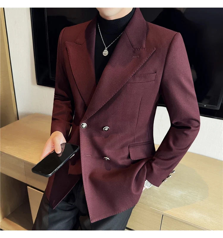 Autumn Winter Thickened Woolen Suit Jacket Men Double-breasted Casual Business Blazers Slim Fit Wedding Social Dress Coat M-4XL