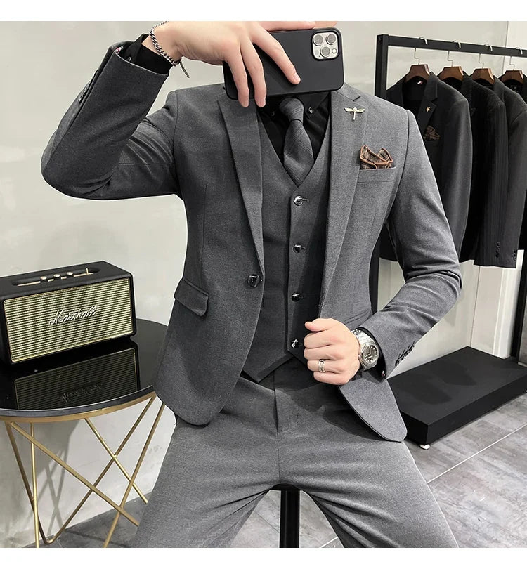 (Jacket +Vest+Pants) Plus Size 7XL-S Men Korean Slim Fit Groom Wedding Business Casual Tuxedo Mens Work Social Suit 3 Pieces