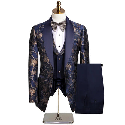 Men Suit 3 Pieces Khaki Floral Pattern Single Button With Lapel For Wedding Banquet Birthday Business Work Jacket Vest Pants