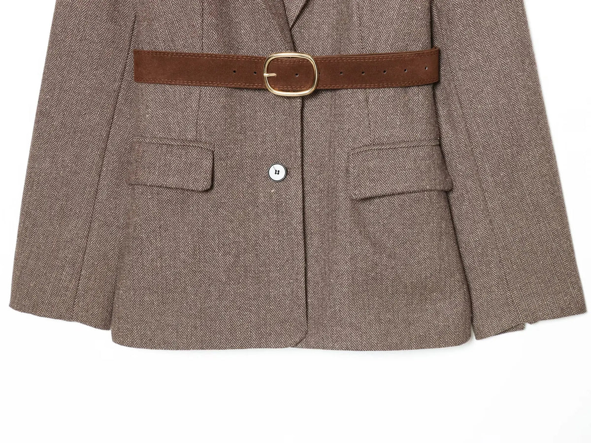 Woman Autumn Single Breasted Pocket Decoration Long Sleeves Lapel Herringbone Twill Blazer Female Fashion Casual Overcoat