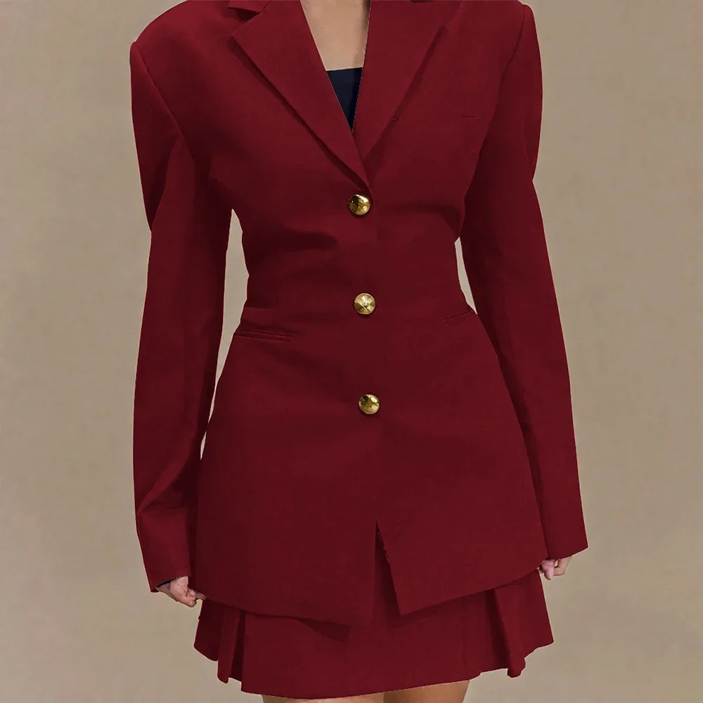 Women's Pleated Skirt Suit Set 2025 2Pieces(Tailored Blazer&High Waist Skirt) Office Chic Single-breasted Notch Lapel Outfit