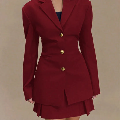 Women's Pleated Skirt Suit Set 2025 2Pieces(Tailored Blazer&High Waist Skirt) Office Chic Single-breasted Notch Lapel Outfit