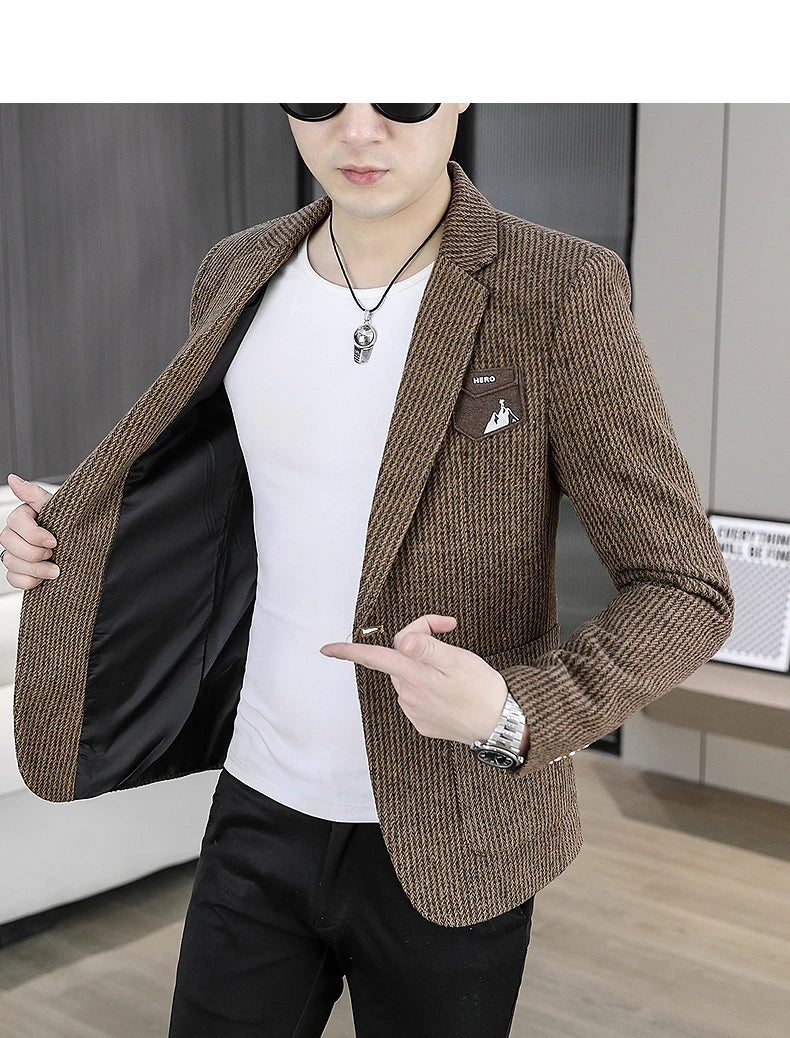 2025 Autumn Men's Casual Suit Jacket Fashion Slim Fit Striped Blazers Streetwear Social Business Versatile Formal Dress Coats