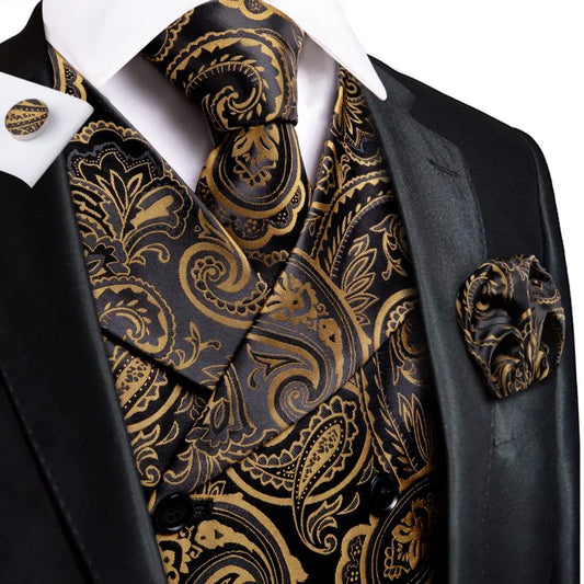 Men's Paisley Floral Slim Vest Necktie Set – 4-Piece Formal Suit Accessory Set for Weddings & Events