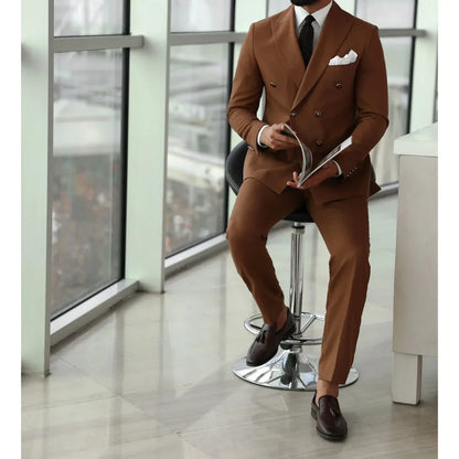 Coffee Suits For Men Double Breasted Peaked Lapel Elegant Blazer Fashion Costume 2 Piece Jacket Pants Slim Fit Traje Hombre