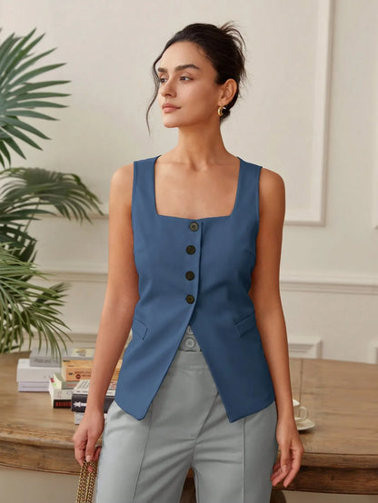 Summer temperament commuter vest vest solid color waistband square collar wide shoulder waistcoat