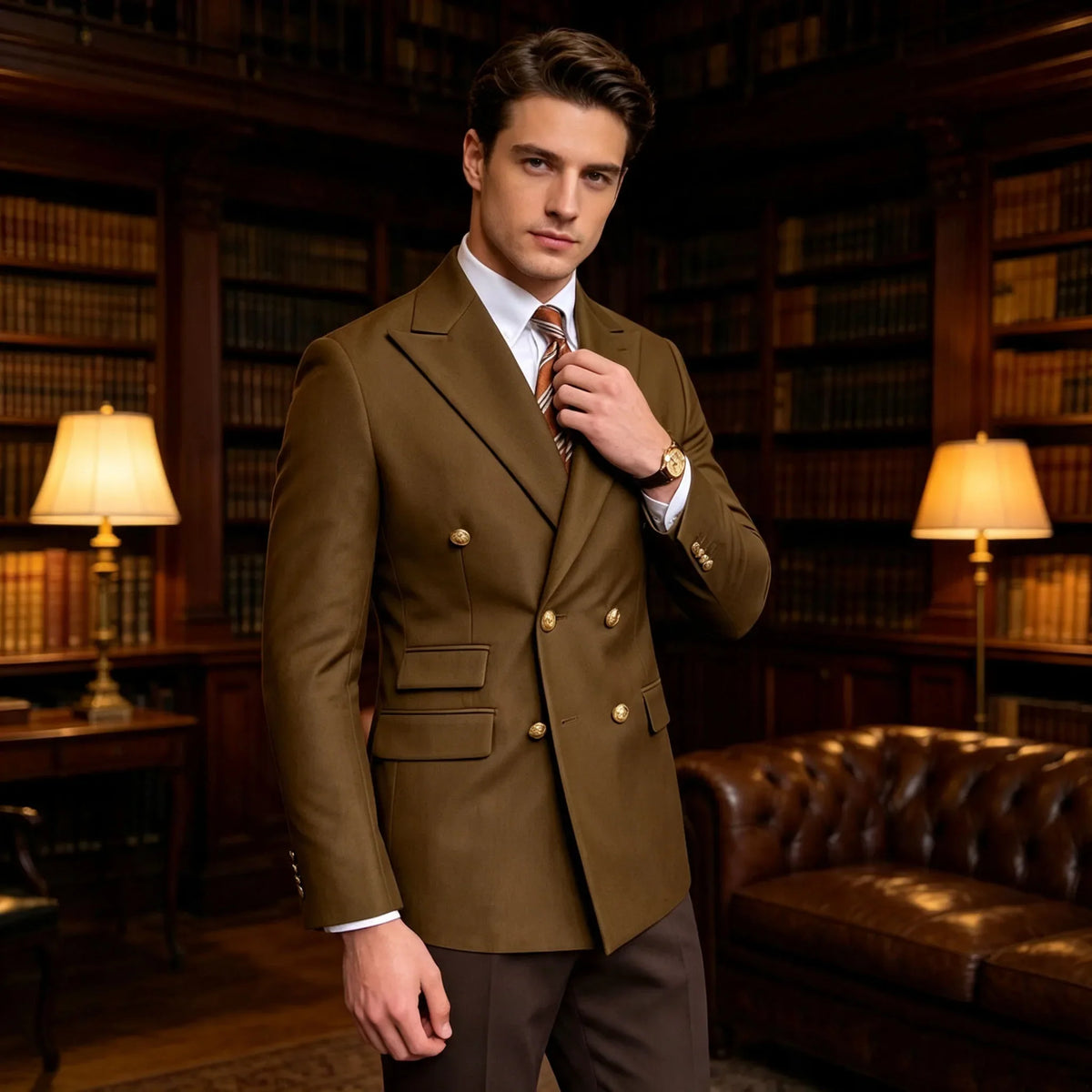 Men's Brown Serge Blazer Double Breasted Peak Lapel Gold Button Slim Fit British Style Fashion Suit Jacket Formal Business Casua