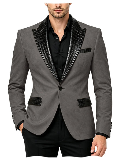 Men's Suede Slim Fit Blazer Jacket Crocodile Pattern Lapel Design Suit Coat Formal Business Prom Wedding Party Tuxedo Outerwear