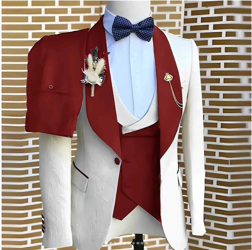 White Jacquard Elegant suits Men For Wedding Formal Jacket Vest Pants 3 Pieces Groomsman Tuxedos Tailored Male Fashion Clothing