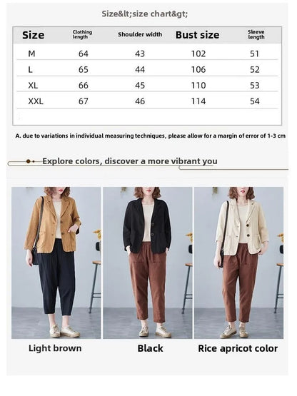 Casual Cotton Linen Short Suit Jacket Women's Spring 2025 Loose Fit Long Sleeve Artistic Large Size Casual Style Top