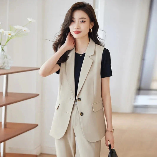 Women Lapel Collar Vest Coat All-Matched Single Breasted Sleeveless Waistcoat Solid Chic Office Lady Jacket Femme Tops Outerwear