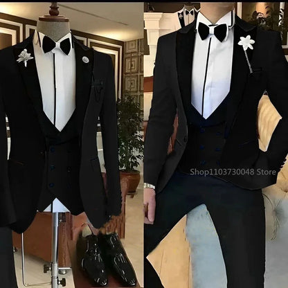 Latest Solid Formal Men's Wedding Suit Slim Fit Elegant Groom Tuxedos Business Party Suits 3 Pieces Sets (Jacket+Vest+Pants)