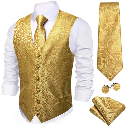 Men's Vest 4-Piece Set | Jacquard Paisley Floral Waistcoat with Tie & Pocket Square for Formal Events