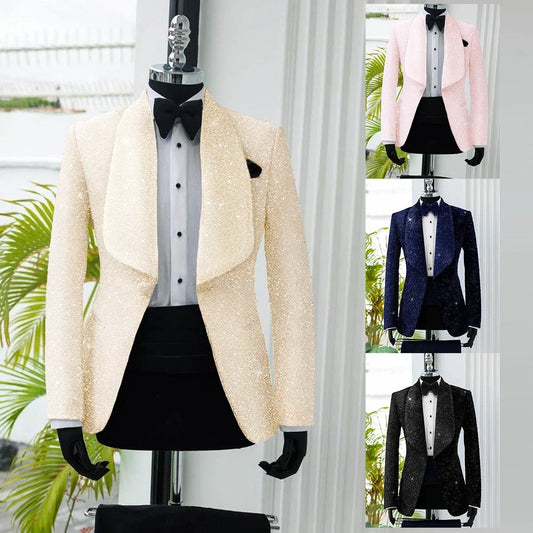 Men's Suit 2 Pieces Velvet Blazer Black Pants One Button Wide Lapel Business Beads Formal Work Wear Wedding Groom Costume Homme