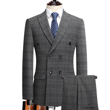 Men Suit Gray 2 Pieces Grid Stripe Double Button With Lapel For Wedding Birthday Business Banquet Work Daily Jacket And Pants