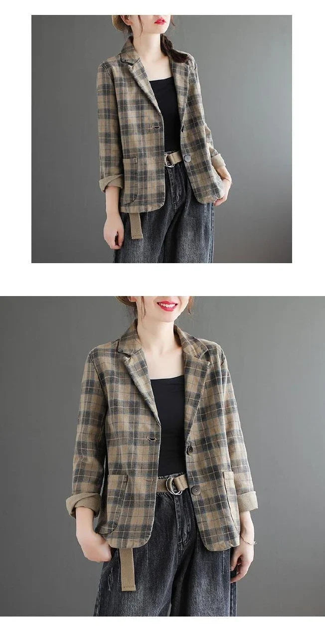 Fashion Chic Cotton Plaid Blazer Female Spring and Autumn New Literary Retro Elegant Commuter Small Incense Wind Jacket Women