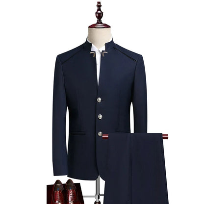 Men's Single-Breasted Slim Suit Two-Piece Set – Chinese-Style Stand-Up Collar – Smart Casual