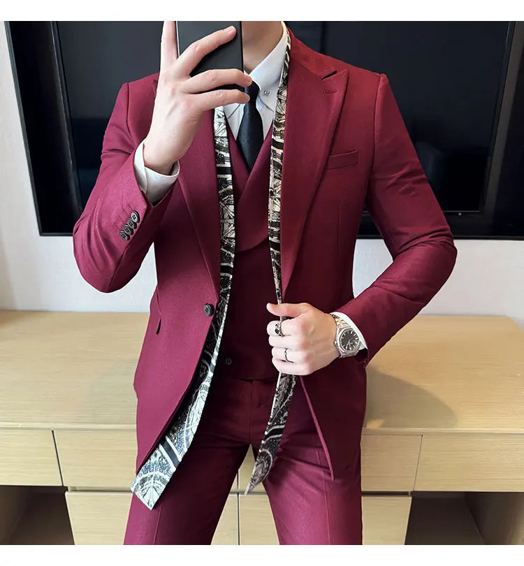 Scarf With Design Double Collar Suit Men's Business Casual Groom Wedding Slim Fit Suit Tuxedo 3-piece Set (Jacket+Vest+Pant)