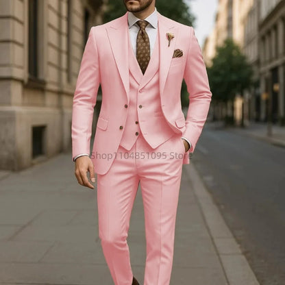 Costume de mariage formel trois pièces pour homme, avec revers crantés, veste unie, gilet et pantalon, pour soirée de bal, décontracté ou affaires
