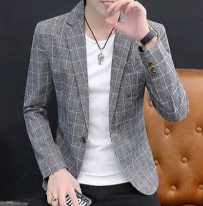 Men Autumn Plaid Blazer Korean Slim Fit Casual Suit Jacket Fashion Trendy Outerwear