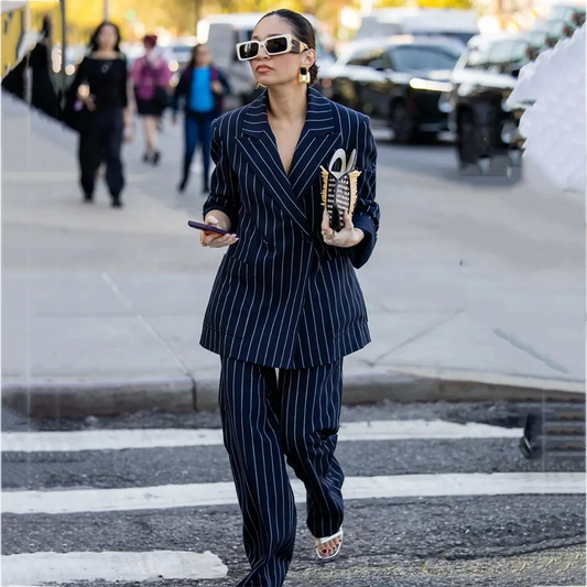 Navy Blue Striped Women's Suit Classic Double Breasted Oversized Peak Lapel Blazer Pants Elegant Office Lady Casual 2 Pieces
